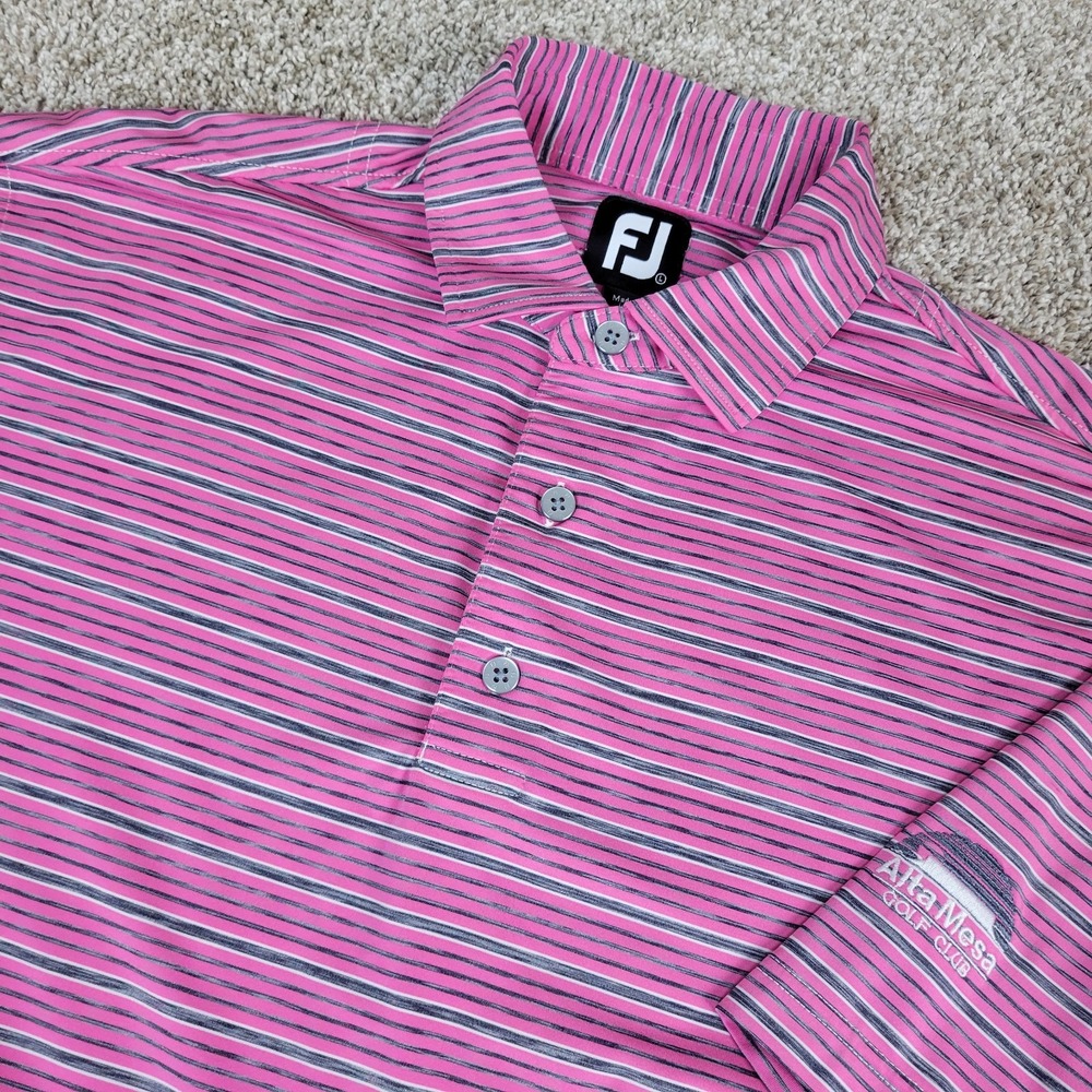 FootJoy Mens Large Pink Black Striped Performance Stretch Golf Polo Short Sleeve